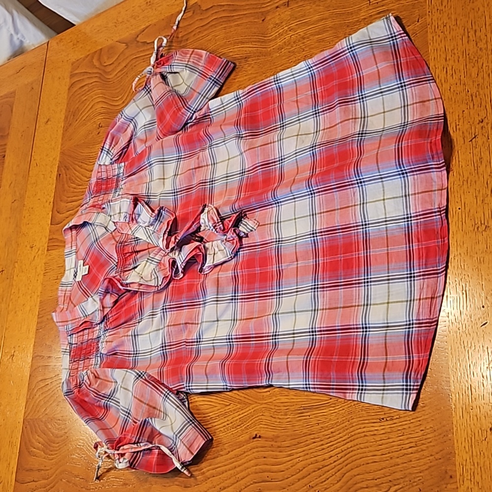 Anthropologie Red Plaid Ruffle Front Short Sleeve Blouse